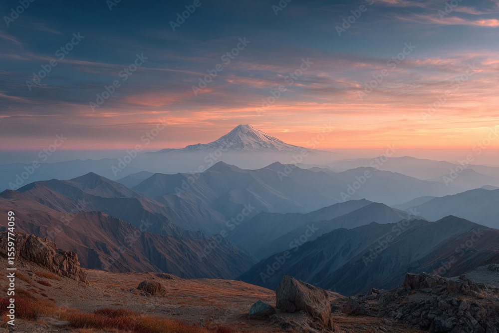 Obraz premium majestic mount elbrus under stunning sunset sky filled with colorful clouds