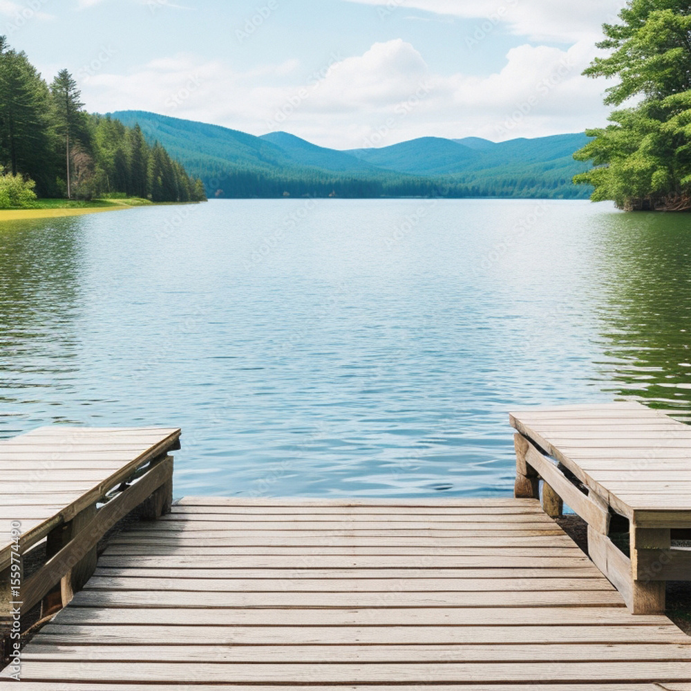 Naklejka premium Wooden Dock Overlooking Turquoise Lake and Forested Mountains