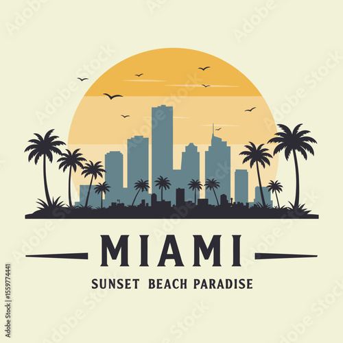 Minimalist Miami skyline with palm trees and sunset, retro travel poster for coastal lifestyle design