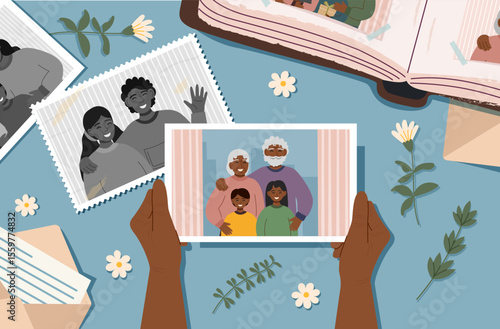 A human old hands holding a photo of grandparents and grandchildren, vintage photo of young people. Family and life values ​​concept. The concept of aging. Vector flat banner.