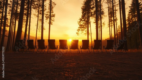 Sustainable Business Concept. Serene Sunset Over Empty Chairs in Forest Setting with Golden Sky and Tall Trees