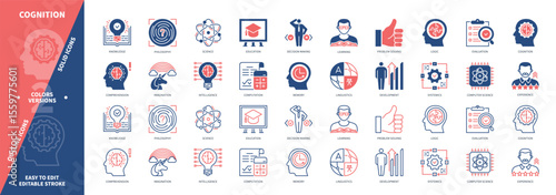 Cognition icon set. Learning, Imagination, Experience, Knowledge, Philosophy, Development, Memory, Problem Solving. Duotone color solid and editable outline icons