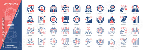 Competence icon set. Theory, Efficiency, Teamwork, Authority, Leadership, Qualification, Vision, Development. Duotone color solid and editable outline icons