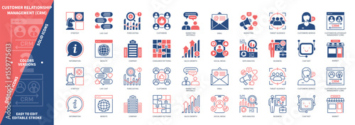 Customer relationship management CRM icon set. Business, Sales Growth, Target Audience, Social Media, Forecasting, Information, Customers, Chat Bot. Duotone color solid and editable outline icons