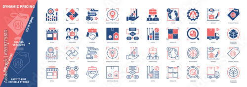 Dynamic Pricing icon set. Cost Plus Pricing, Costs, Products, Supply, Demand, Transportation, Consumers, Forecasting. Duotone color solid and editable outline icons
