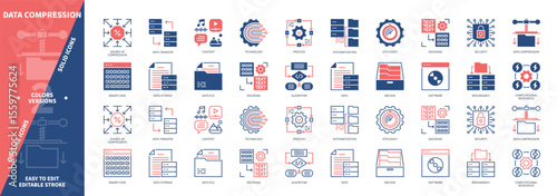 Data Compression icon set. Archive, Data Storage, Security, Algorithm, Binary Code, Technology, Redundancy, Encoding. Duotone color solid and editable outline icons