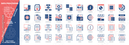 Data Processing icon set. Data, Validation, Aggregation, Sorting, Data Analysis, Classification, Verification, Reporting. Duotone color solid and editable outline icons