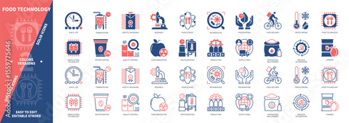 Food Technology icon set. Quality Control, Production, Pasteurization, Food Science, Aseptic Packaging, Preservation, Freeze Drying, Fermentation. Duotone color solid and editable outline icons
