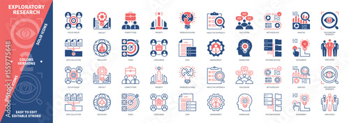 Exploratory Research icon set. Tasks, Focus Group, Knowledge, Data Collection, Analysis, Sociology, Problem Solving, Discussion. Duotone color solid and editable outline icons