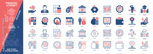 Financial Literacy icon set. Knowledge, Spending, Management, Business, Savings, Efficiency, Income, Planning. Duotone color solid and editable outline icons