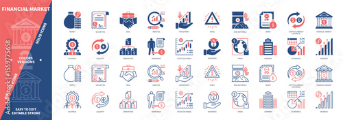 Financial market icon set. Securities, Risks, Stock Exchange, Securities, Borrower, Trade, Raw Materials, Investment. Duotone color solid and editable outline icons