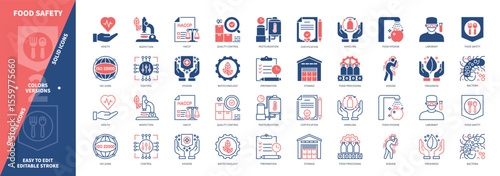 Food safety icon set. Freshness, Hygiene, Preparation, Quality Control, Handling, Disease, Bacteria, Pasteurization. Duotone color solid and editable outline icons