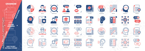 Grammar icon set. Writing, Language, Morphology, Structure, Rules, Words, Syntax, Framework. Duotone color solid and editable outline icons