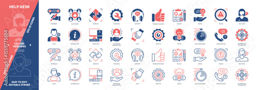 Help Desk icon set. Support, Technical, Topics, Defects, Customer Service, Satisfaction, Quick Response, Result. Duotone color solid and editable outline icons