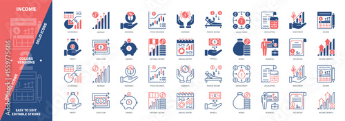 Income icon set. Payroll, Cash Flow, Gross Profit, Securities, Passive Income, National Income, Revenue, Investment. Duotone color solid and editable outline icons