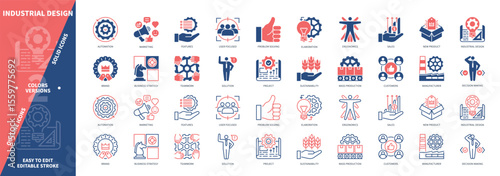 Industrial Design icon set. Teamwork, Elaboration, Mass Production, Ergonomics, Features, New Product, Brand, Marketing. Duotone color solid and editable outline icons