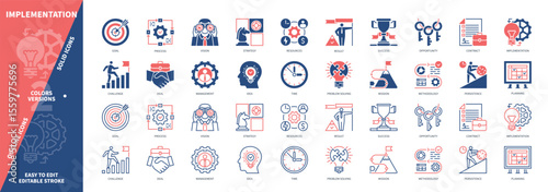 Implementation icon set. Idea, Goal, Planning, Vision, Strategy, Process, Problem Solving, Success. Duotone color solid and editable outline icons