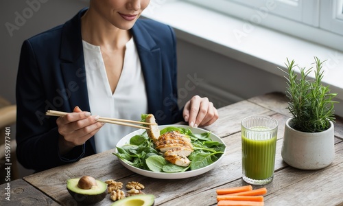 Woman Eating Chicken Salad with Chopsticks Near Window