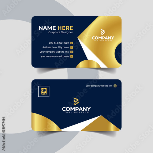 Elegant Navy Blue and Gold Business Card Design with Rounded Wave Layout. Modern navy blue and gold luxury business card template for professionals.