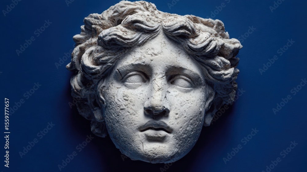 A beautifully detailed head sculpture of a young god is displayed prominently in a museum. The intricate features showcase artistry from ancient times, highlighted against a deep blue backdrop. A beautifully detailed head sculpture of a young god is displayed prominently in a museum. The intricate features showcase artistry from ancient times, highlighted against a deep blue backdrop.