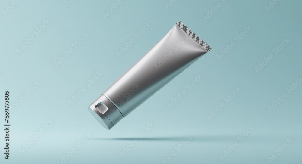 Silver Cosmetic Tube Mockup on Light Blue Background Minimalist Design. Silver Cosmetic Tube Mockup on Light Blue Background Minimalist Design.