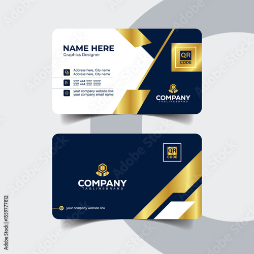 Modern Navy Blue and Gold Business Card Template with Bold Elements. Modern navy blue and gold luxury business card template for professionals.