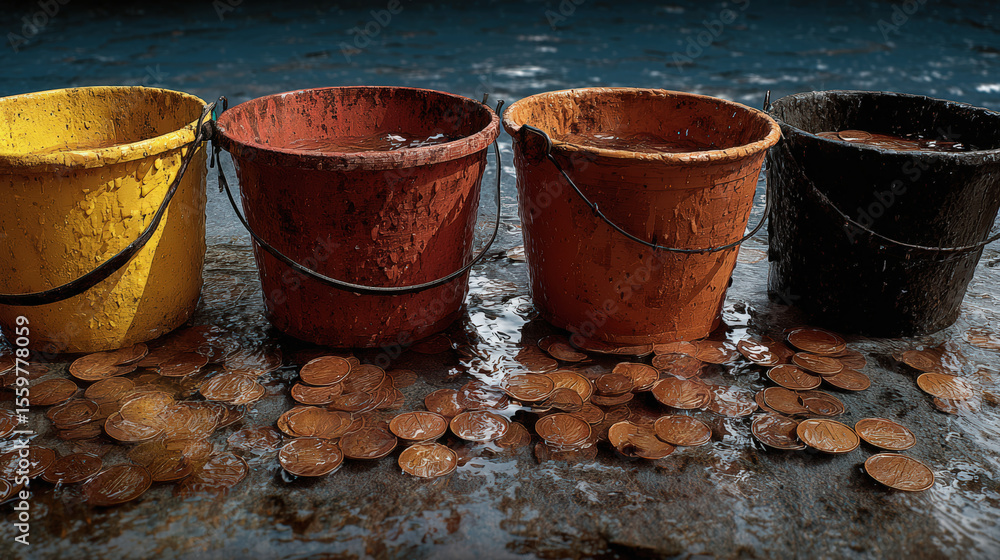 Four weathered metal buckets in yellow, red, orange, and black sit in a row on a wet surface scattered with coins. Four weathered metal buckets in yellow, red, orange, and black sit in a row on a wet surface scattered with coins.