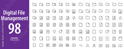 Digital File Management Line Icons, Folder, Upload, Download, Cloud Storage, Archive, Backup, and More , Editable Formats: AI, EPS, JPG, PNG , Ideal for Both Digital and Print Use

