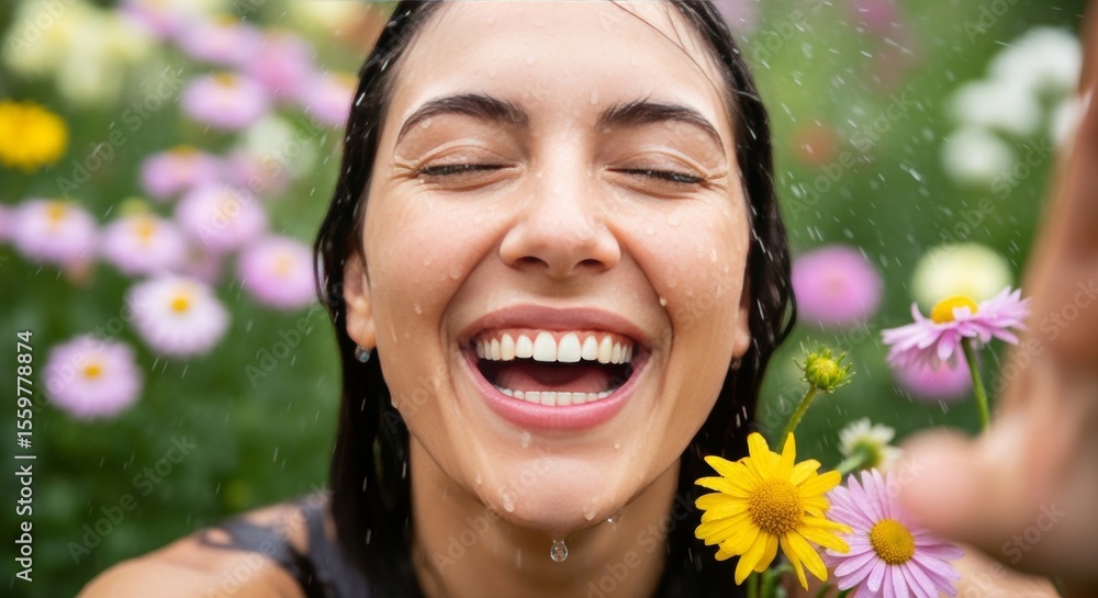 Joyful woman laughing in the rain with colorful flowers in a garden Joyful woman laughing in the rain with colorful flowers in a garden