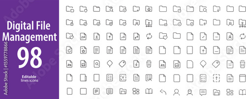Digital File Management Line Icons, Folder, Upload, Download, Cloud Storage, Archive, Backup, and More , Editable Formats: AI, EPS, JPG, PNG , Ideal for Both Digital and Print Use

