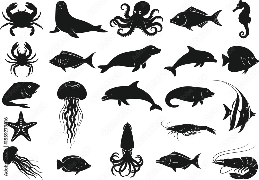 Obraz premium Collection of Diverse Sea Life Silhouettes Fish, Mammals, and Invertebrates