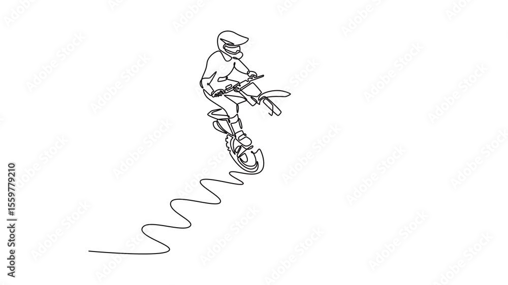 Animated self drawing of continuous line draw professional motorcyclist makes an extreme jump against the sky. Extreme sports, motorcycle jumping, and travel adventure. Full length one line animation Animated self drawing of continuous line draw professional motorcyclist makes an extreme jump against the sky. Extreme sports, motorcycle jumping, and travel adventure. Full length one line animation