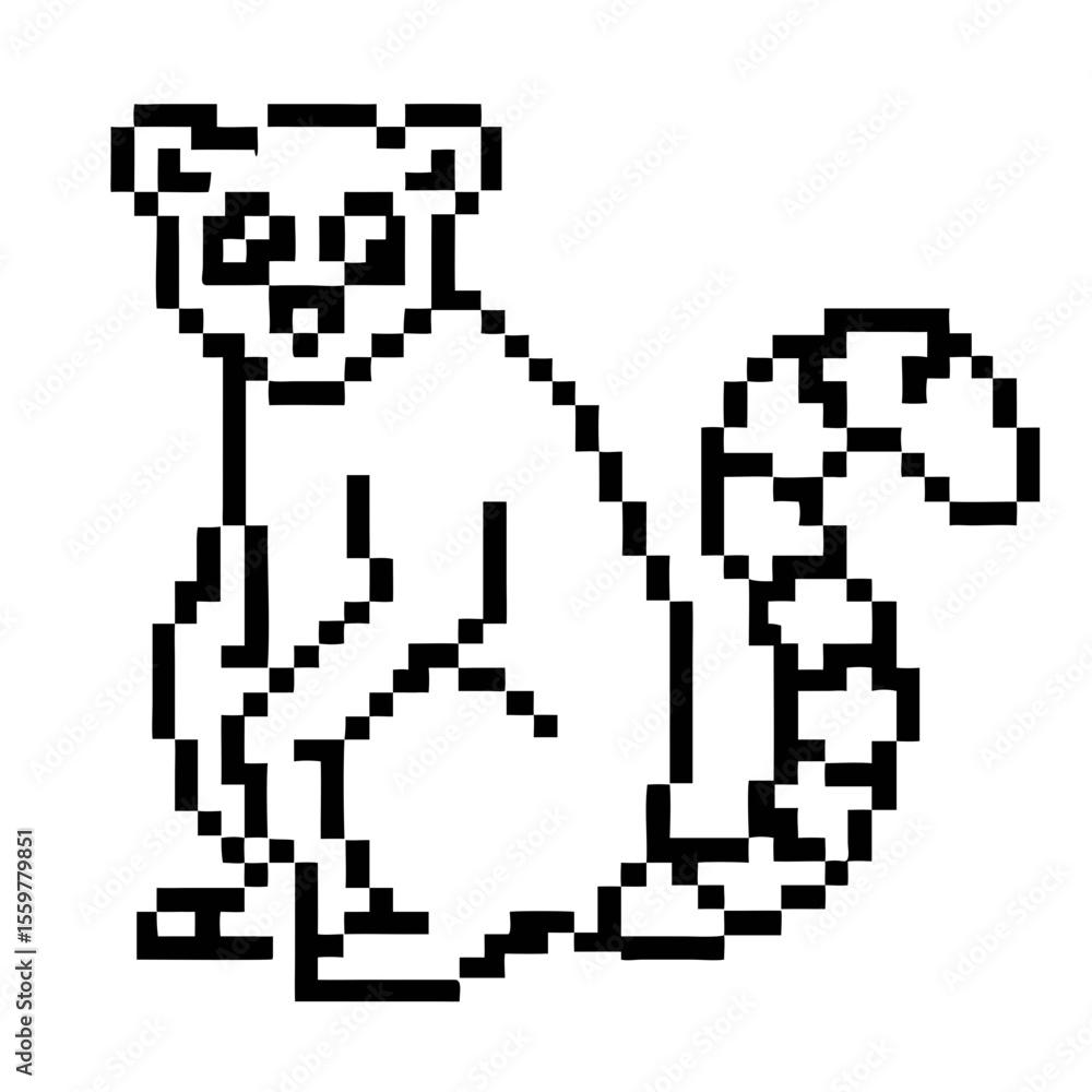 Fototapeta premium Lemur exploring its surroundings in a simple pixel outline style portrayal