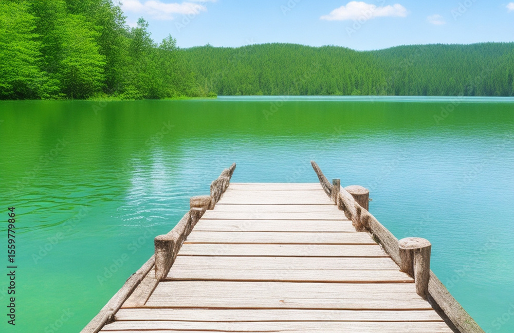 Naklejka premium Wooden Dock Overlooking Turquoise Lake and Forested Mountains