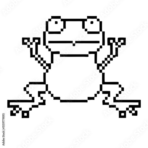 Pixelated frog illustration displays a playful amphibian in a minimalist outline style