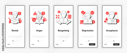 Five stages of grief mobile onboarding screen. Changes management. Psychotherapy UX UI illustration. Flat outline style icons with red accent. Informa Pro Bold, Montserrat Light fonts used