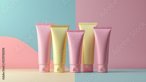 Wallpaper Mural pastel pink and yellow cosmetic tubes standing upright or lying flat on a clean two-tone background Torontodigital.ca