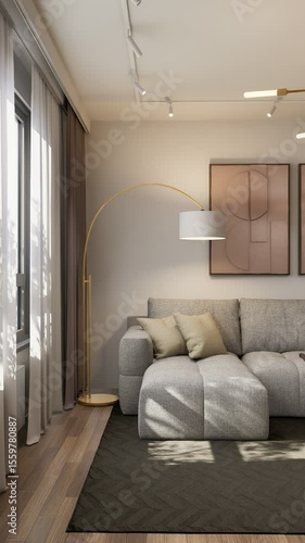 Living room interior in light warm colors, on a sunny day. 3D render