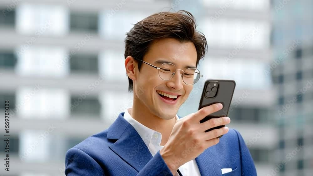Modern Man in the City: A charismatic man in a smart suit engages with his smartphone, his warm smile reflecting his connection to a bustling cityscape. Modern Man in the City: A charismatic man in a smart suit engages with his smartphone, his warm smile reflecting his connection to a bustling cityscape.