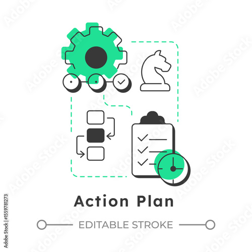 Action plan modern linear concept icon. Evaluate solutions for organization change. Stage of gap analysis. Flat outline elements connected with dotted lines. Creative visual. Easy to edit