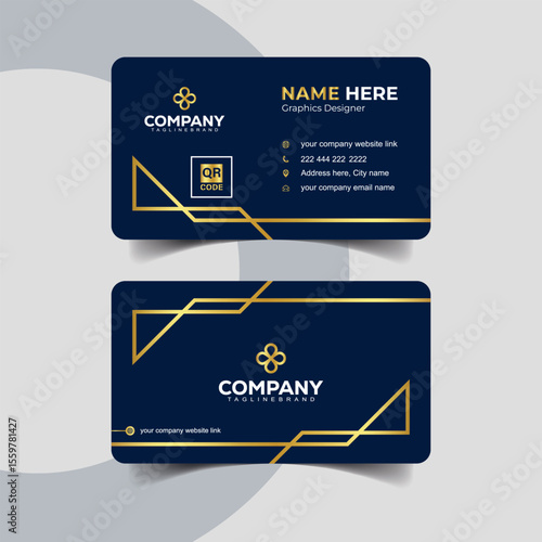 Elegant Navy Blue and Gold Business Card Template with Icon Grid Design. Stylish minimalist business card in navy blue with premium golden typography.