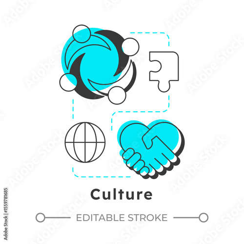 Culture modern linear concept icon. Shared values, beliefs, behaviors. Nadler Tushman congruence framework. Flat outline elements connected with dotted lines. Creative visual. Easy to edit