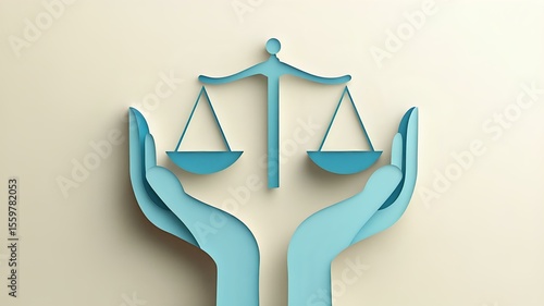 paper cut-style illustration of hands holding balanced scale with soft pastel tones representing fairness and equality.