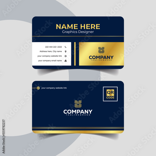 Elegant Navy Blue and Gold Business Card Design with Gradient Wave Design. Stylish minimalist business card in navy blue with premium golden typography.