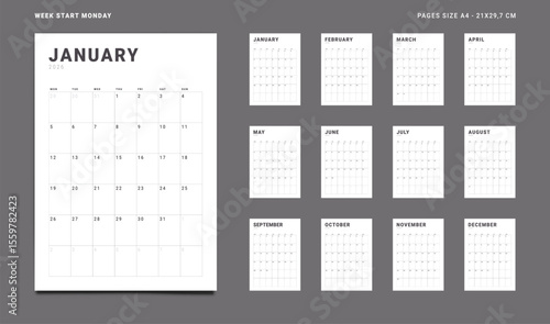 2026 Calendar Planner Set of new Template 12 Monthly Page for Corporate or Personal use. Vector layout grid vertical of wall or desk organizer with week start Monday for print. Pages size A4-21x29.7