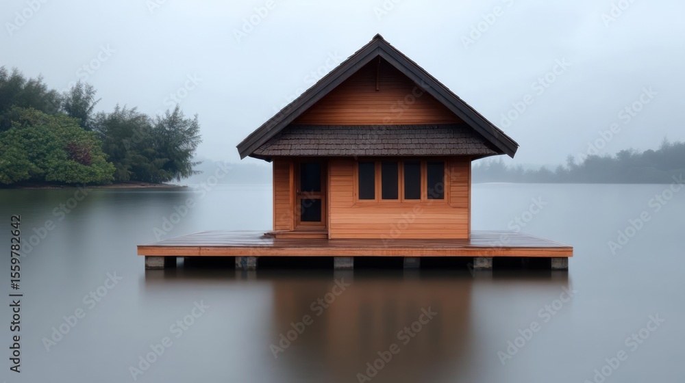 Fototapeta premium Wooden Cabin Floating On Calm Lake Under Cloudy Sky Reflecting Tranquility In Nature
