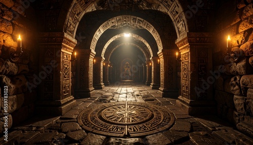 Ancient stone corridor, candlelit arches, mysterious atmosphere, intricate carvings, underground passage, mystical ambiance, dark fantasy setting, medieval architecture,  rune symbols.