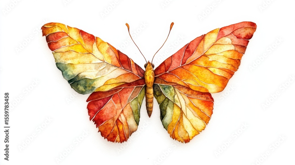 Fototapeta premium Colorful butterfly with autumn leaf wings in watercolor style on white background