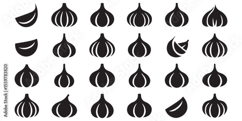 Monochrome Garlic Vector Collection Featuring Assorted Garlic Heads and Cloves in Various Styles and Arrangements Against a White Background