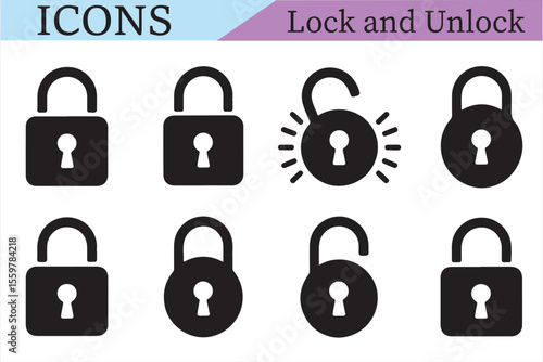 Security Icons: A collection of sleek, minimalist icons depicting the lock and unlock functionality, perfect for web design, apps, or infographics, conveying security, access, and protection concepts.